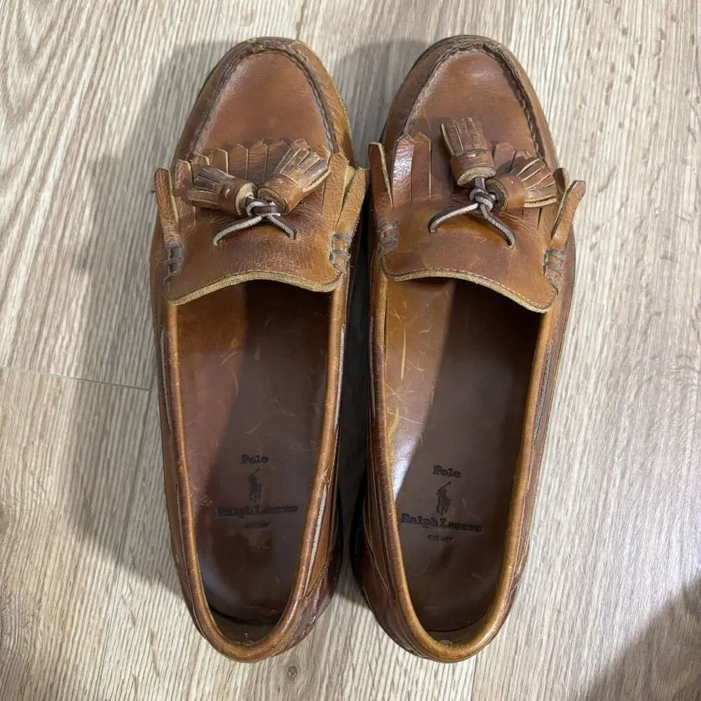 Polo Ralph Lauren Loafers Mens 11 D Brown Leather Lug Sole Tassel Kiltie Vintage
